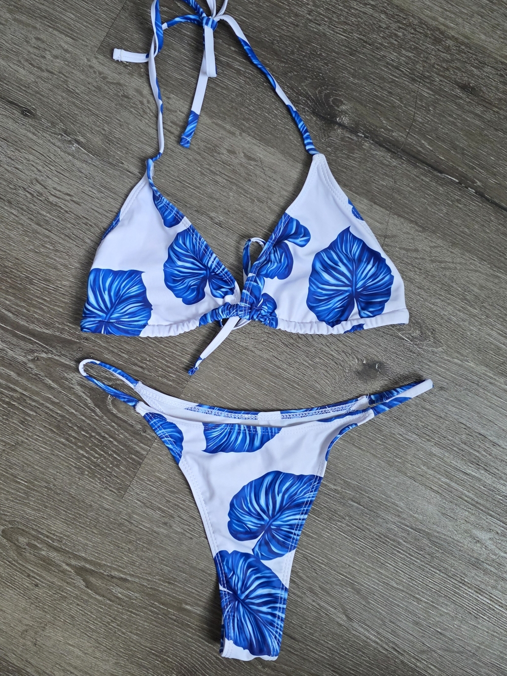 Women's Blue Leaf Print Triangle Bikini Set Size M